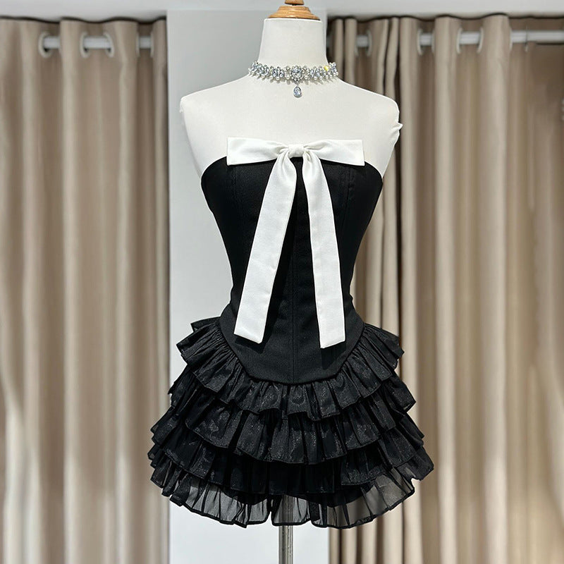 Fashion women's wear Q23tp722  Hot Girl Contrast Color Bow Three-Dimensional Decoration Fishbone Tube Top Women's All-Match Date New