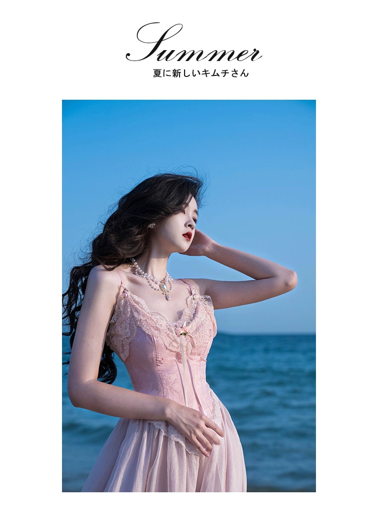 Fashion women's wear French Fried Street Tea Break Milk Sweet Escape Princess Dress Sweet Salt Pink Roses Pure Desire Beautiful Sling Dress