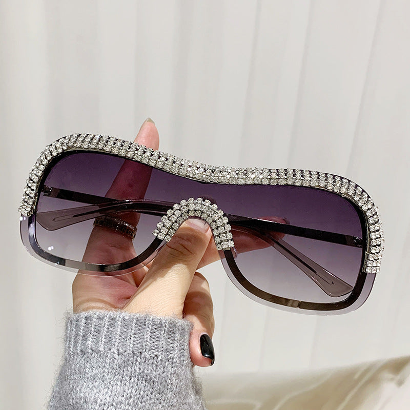 Women's fashion glasses 跨境新款镶钻太阳眼镜酷炫连体金属边朋克墨镜男欧美个性女搞怪
