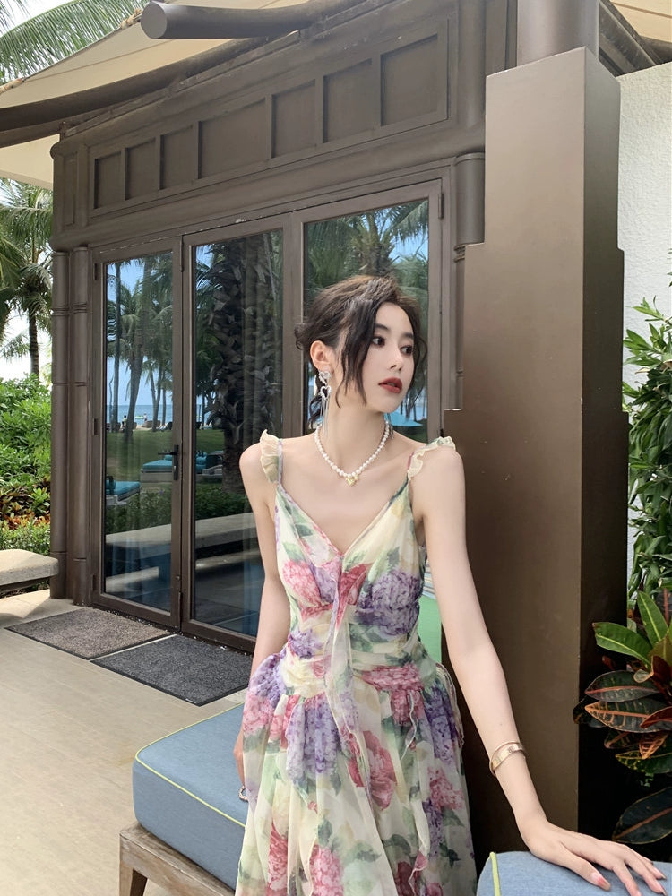 Fashion women's wear French Sweet Gentle Spaghetti-Strap Ruffle Floral Dress Women's Summer Vacation Fairy Large Swing Suspender Dress