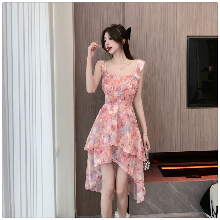Fashion women's wear Sexy Halter Strap Floral Dress Women's Summer Seaside Vacation Beach Fairy Dress Irregular Trailing Skirt