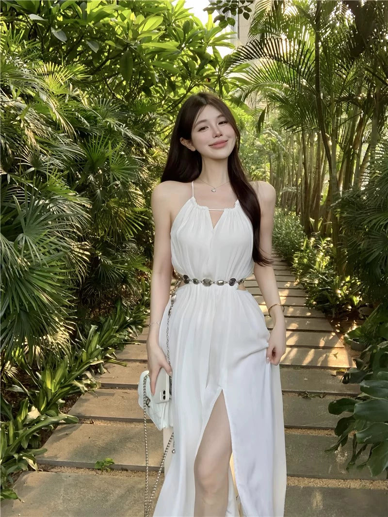 Fashion women's wear French Style Temperament White Halter Sling Dress Women's Summer Super Fairy Midriff Outfit Seaside Vacation Sanya Beach Dress