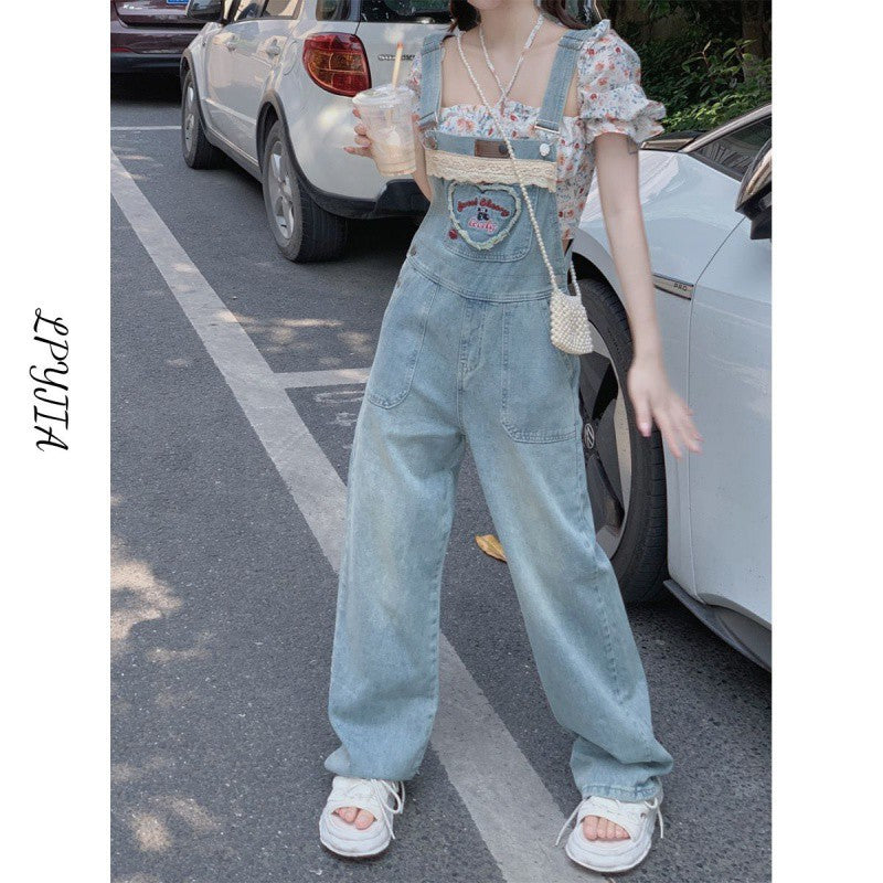 Dopamine pants Free shipping Tattoo Dopamine Denim Overalls Women's Autumn Korean Edition Loose and Cute Student Age Reduction Small Straight Jumpsuit
