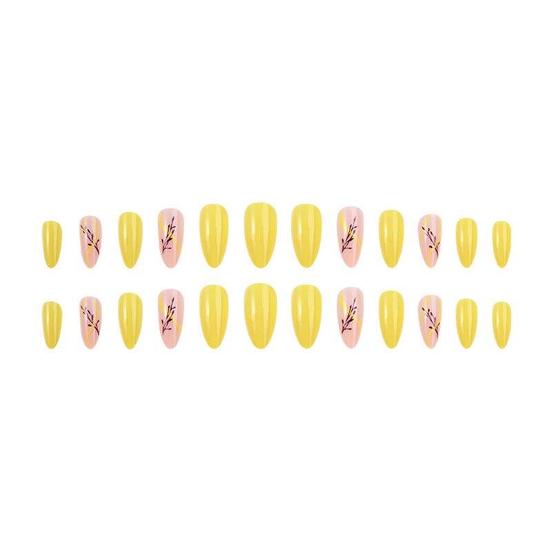 false nail外贸穿戴甲批发法式亮面黄指甲片树叶美甲贴片成品批发