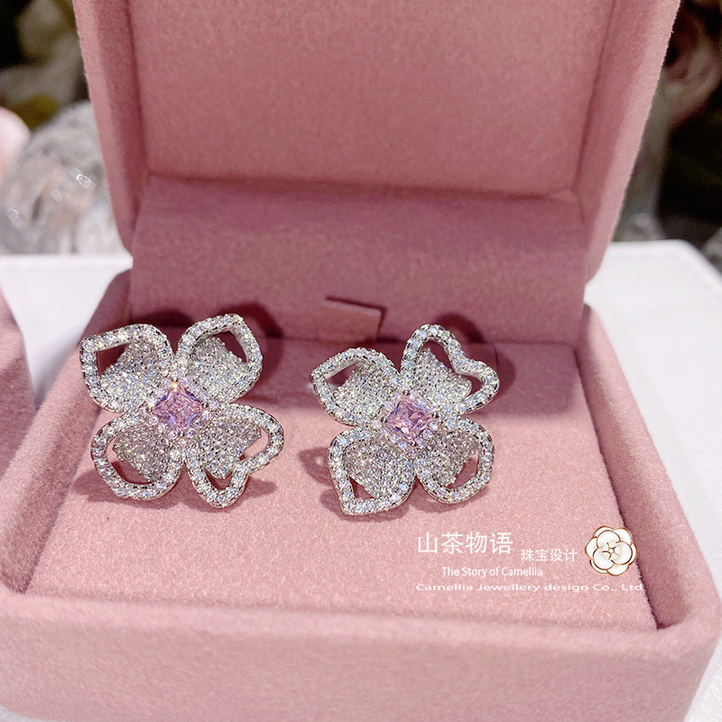 Camellia欧美满钻cooktail ring 时尚豪华小香风镶粉钻花朵套装女