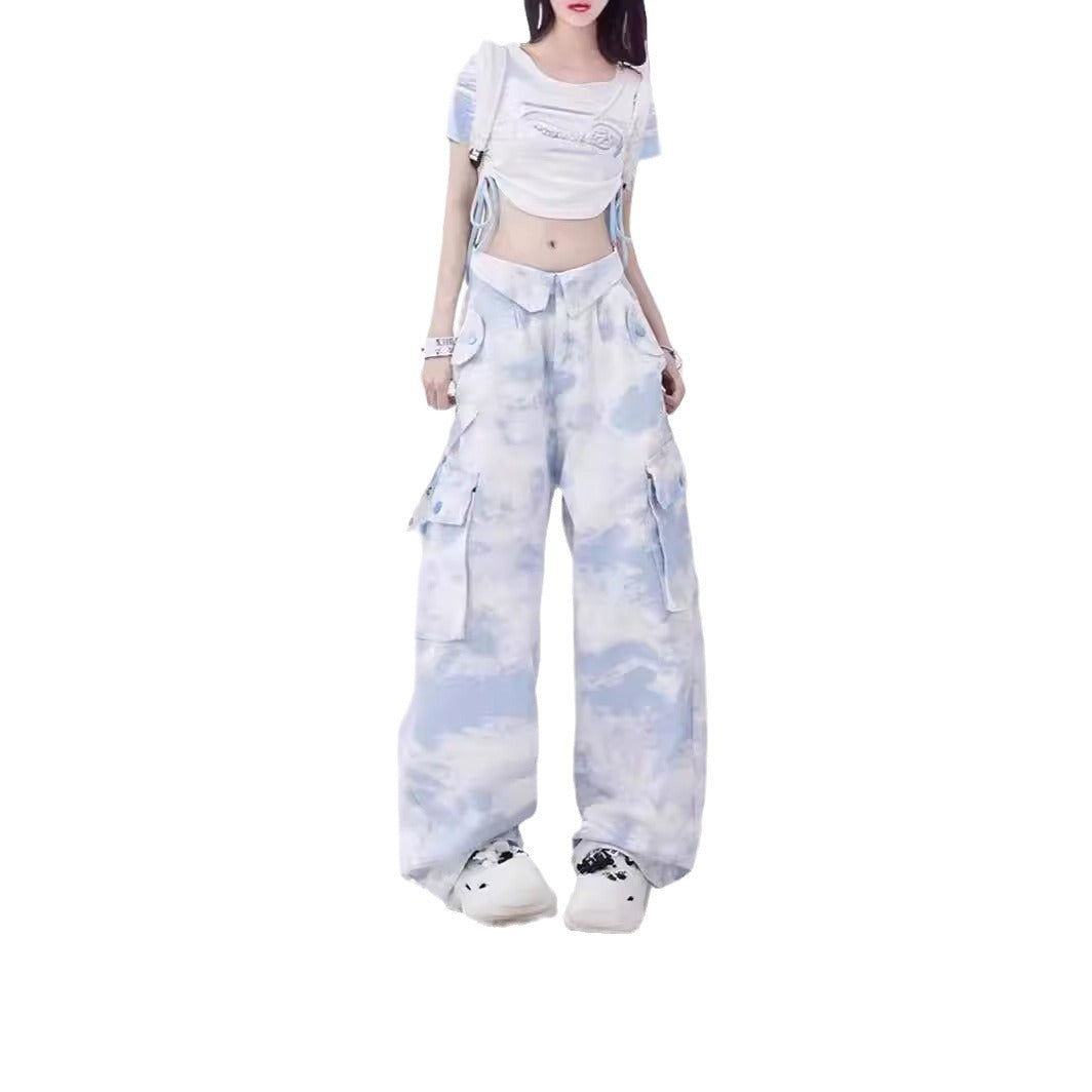 Dopamine pants Free shipping Tattoo Rayohopp dopamine wear camouflage overalls women's flip waist tie-dye design loose straight casual pants