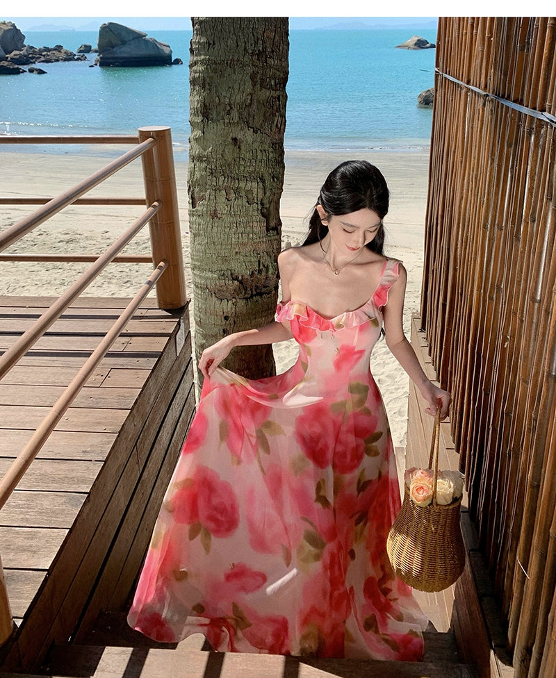 Fashion women's wear Tea Break French Chiffon Sling Dress Fairy Summer Sanya Seaside Vacation Beach Swing Long Dress Elegant
