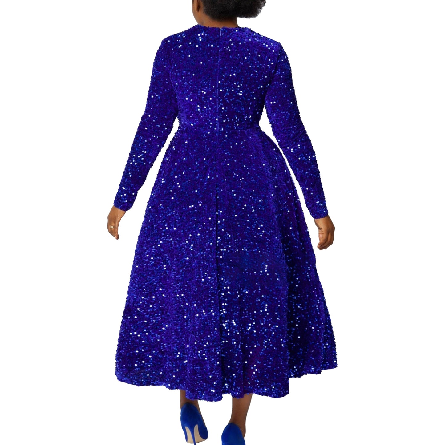 Fashion women's wear D469 Cross-Border New Arrival Women's round Neck Long Sleeve Pure Color Sequins High Waist Temperament Mid-Length Formal Dress European and American Style Dress
