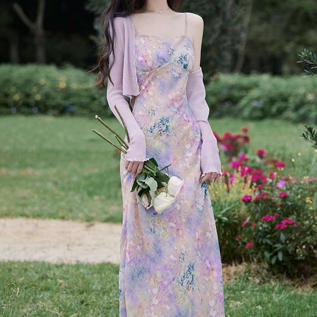 Dopamine dress Free shipping Tattoo S summer dopamine a whole set of gentle purple suit French sweet suspender dress floral long dress