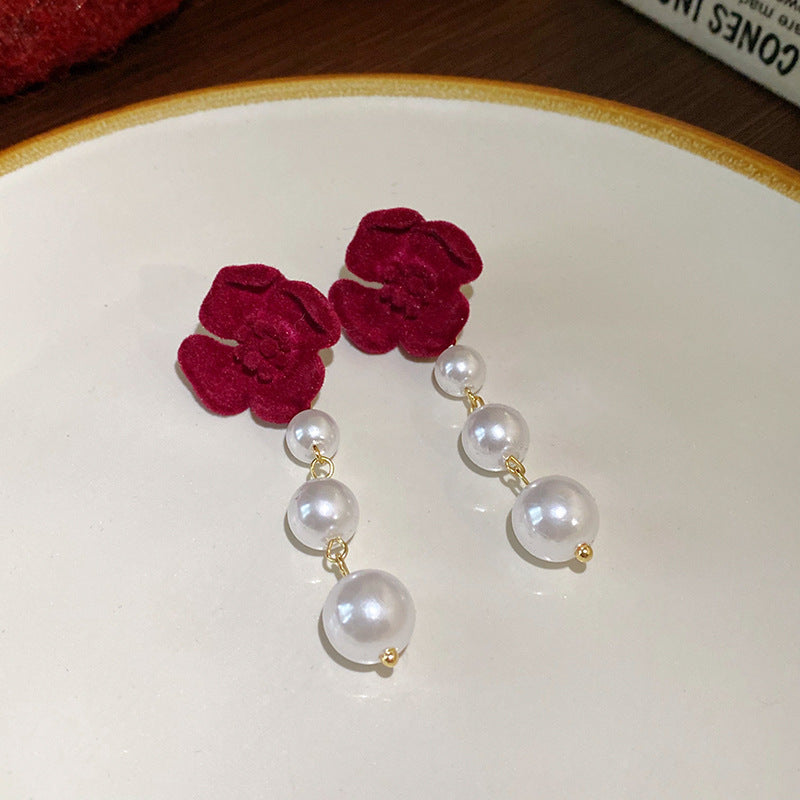 银针锆石花朵珍珠耳环新年轻奢高级感耳钉复古气质红色耳饰批发女