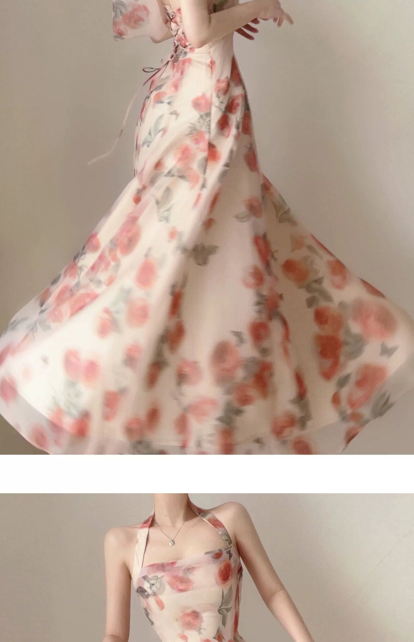 Fashion women's wear Tea Break French Style Backless Halter Suspenders Floral Dress Women's Early Spring Elegant High-Grade Dress