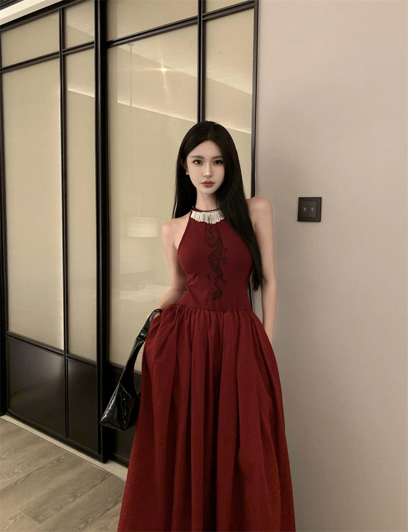 Fashion women's wear New Chinese Style Printed Sleeveless Dress Women's New Waist-Tight Elegant High-Grade Pettiskirt Autumn and Winter Formal Dress