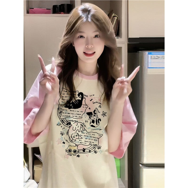 Dopamine tops Free shipping Tattoo 100Kg cotton pink shoulder-plugged short-sleeved t-shirt girlfriend outfit summer female college student dopamine loose and thin top