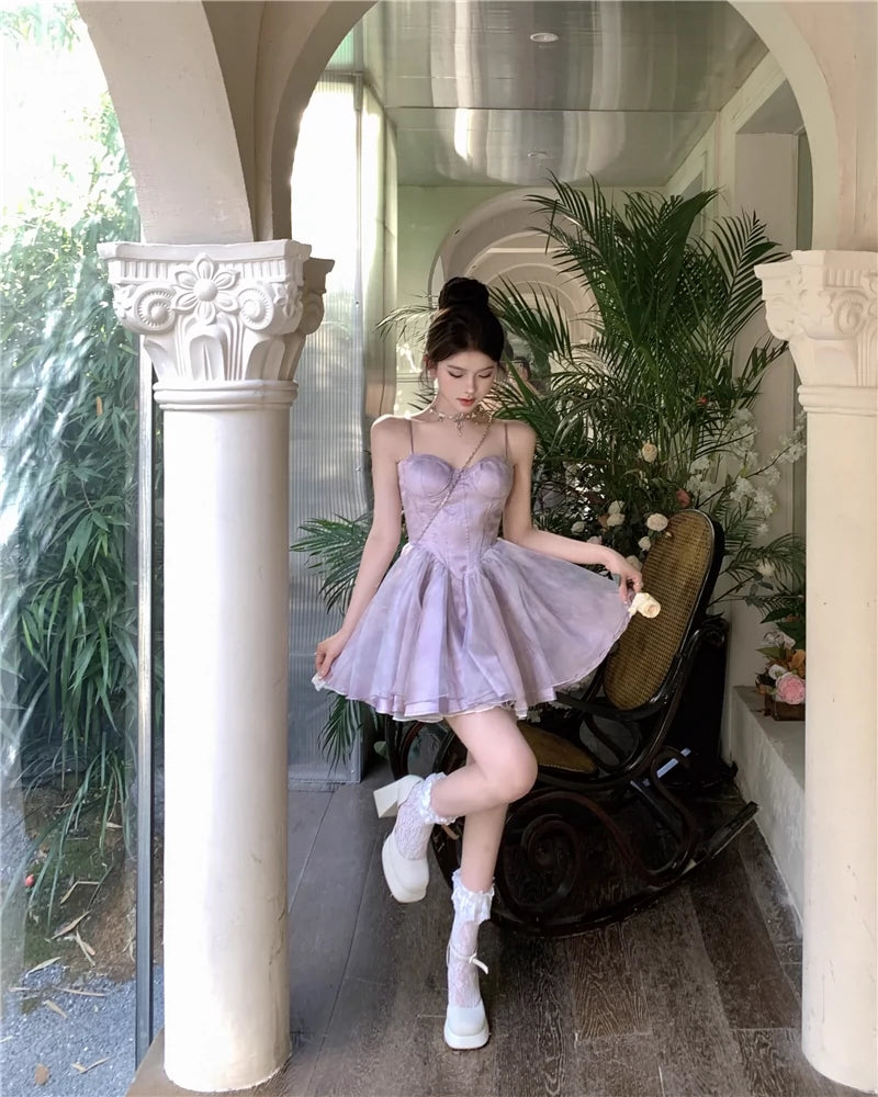 Fashion women's wear Tea Break French Style Fishbone Sling Dress Fairy Birthday Dinner Suit Disney Princess on the Run Bubble Skirt