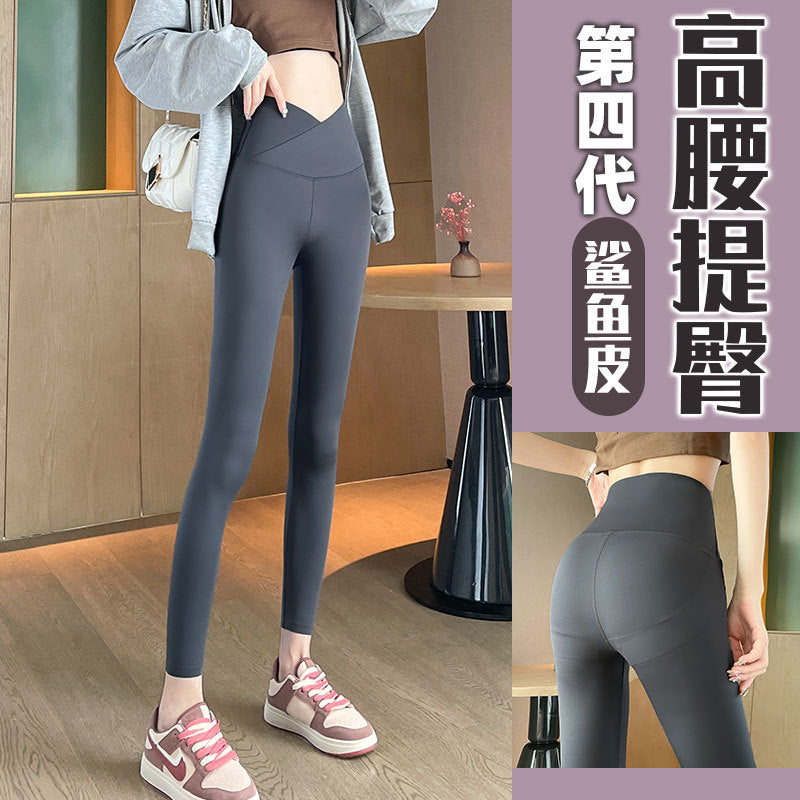 The fifth generation Fashion women's wear Cross Waist Shark Pants   Skinny Yoga Pants High Waist Shaping Yoga Weight Loss Pants Outerwear Leggings