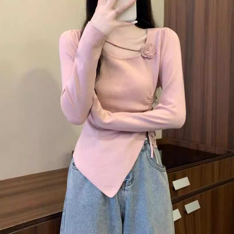 Dopamine tops Free shipping Tattoo Design sense dopamine red three-dimensional flower long-sleeved knitted sweater women's autumn and winter side drawstring outer top women