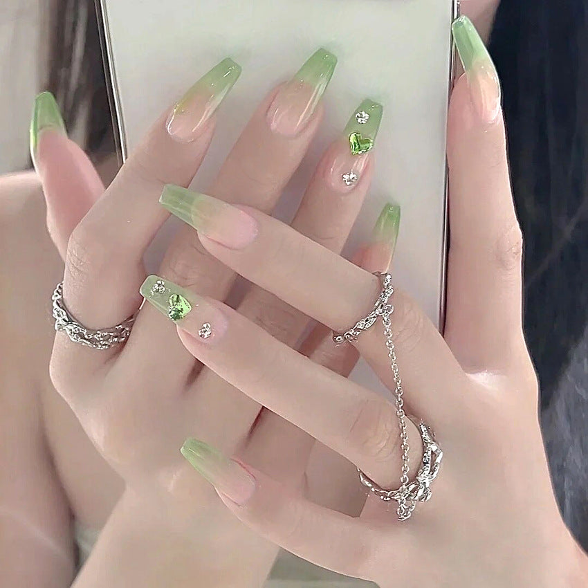 Fashion  nail Wear Armor Nail Stickers Nail Patch Fake Nails Removable Green Heart-Shaped Diomand Nail Sticker Y50