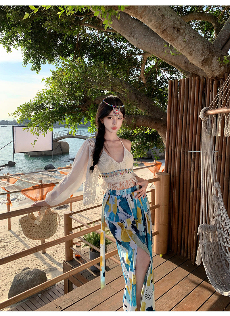 Dopamine pants Free shipping Tattoo Seaside photo pants super fairy summer Thailand Sanya seaside vacation wide-leg pants dopamine beach skirt pants trousers