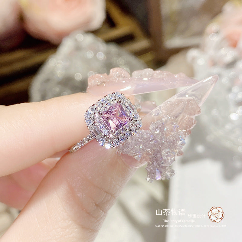Camellia莫奈花园少女仿帕帕拉恰宝石 镀金黛粉锆石直播引流戒指