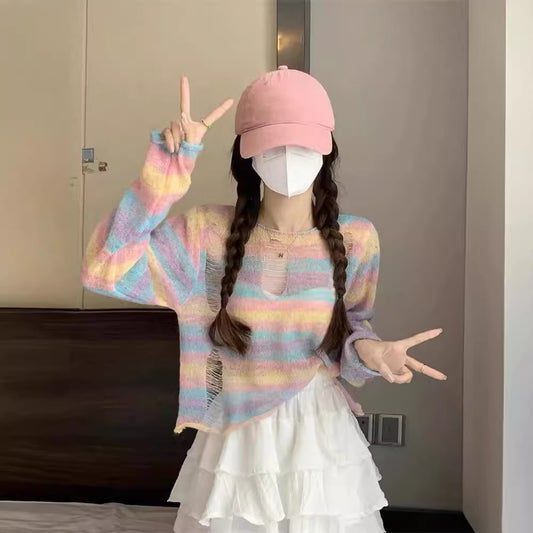 Dopamine tops Free shipping Tattoo Dopamine suction rainbow striped long-sleeved t-shirt women's early spring niche ripped design knitted sweater short top