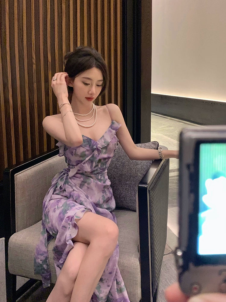 Fashion women's wear Purple Retro Irregular Yunnan Wear Travel Chiffon Floral Strap Dress Seaside Beach Skirt Summer