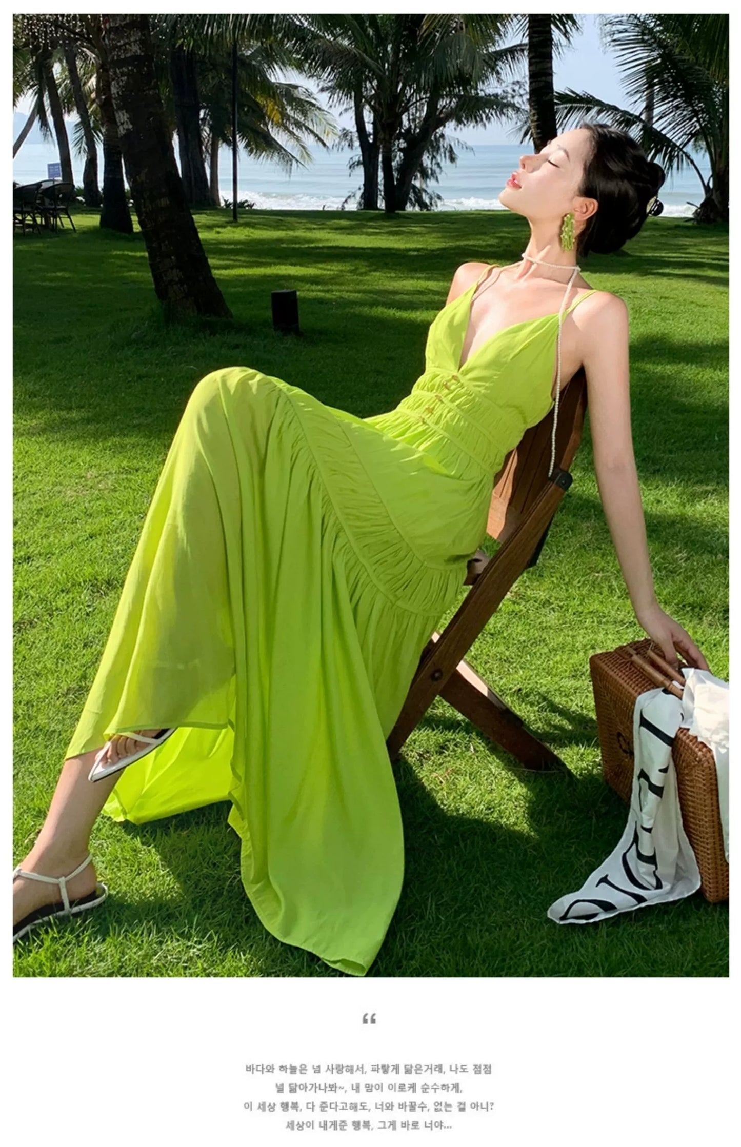 Fashion women's wear Summer Dopamine Seaside Vacation Deep V Dress Green Suspenders Ankle-Length Dress Sanya Slimming Beach Skirt Female