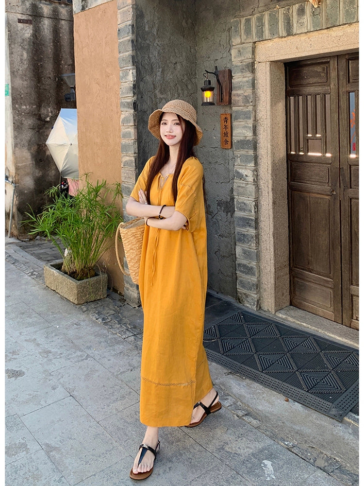 Dopamine dress Free shipping Tattoo Dopamine Lantern Sleeve Dress Women's Autumn New Loose V-Neck Lace-Up Lazy Style Chic Over Knee Long Skirt