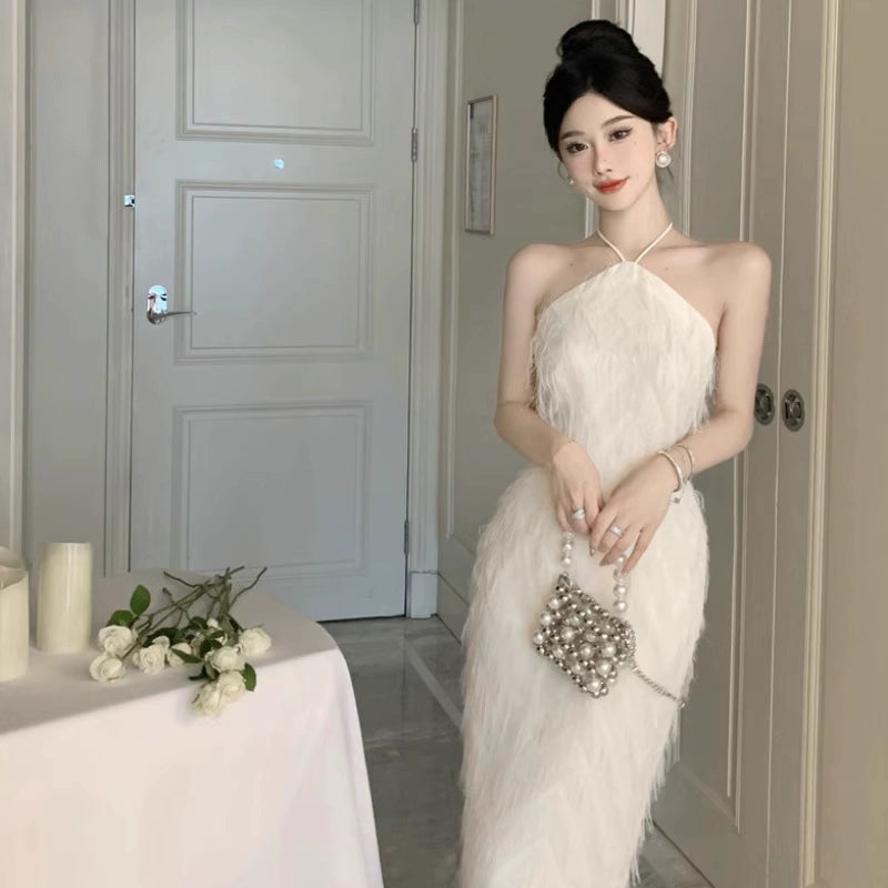 Fashion women's wear French Backless Tassel Halter Spaghetti Straps Dress Women's Spring Temperament Advanced Sexy Engagement License Birthday Party Formal Dress