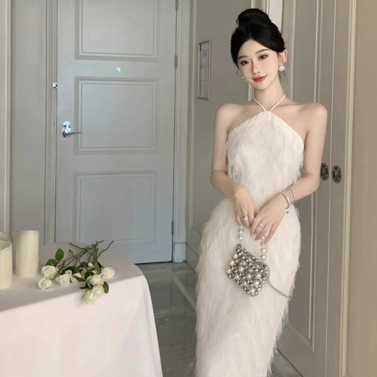 Fashion women's wear French Backless Tassel Halter Spaghetti Straps Dress Women's Spring Temperament Advanced Sexy Engagement License Birthday Party Formal Dress