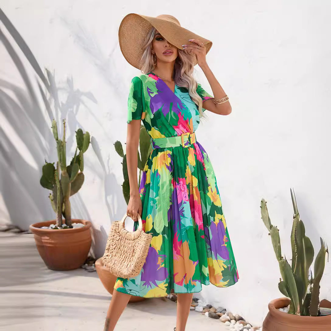 Fashion women's wear 2024  Women's Clothing   Cross-Border Summer Printing Crumpled Mid-Length Short Sleeve Dress