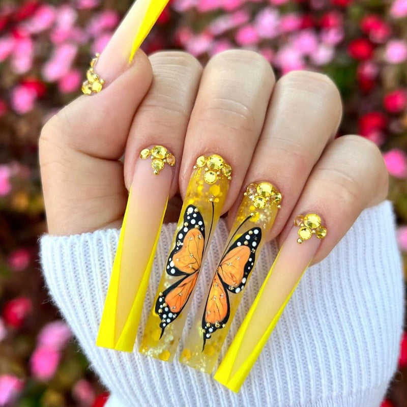 (Hand made nail) European and American Spicy Girl Super Long Instagram Dark Small Stand Retro Trapezoidal Shining Diamond Beauty False Nail Patch Detachable Wearable Nail