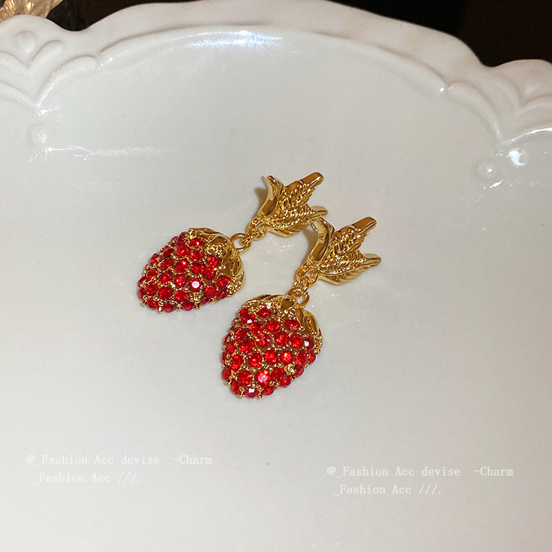 银针复古镶钻叶子草莓耳环时尚气质百搭耳钉中古轻奢小众耳饰批发