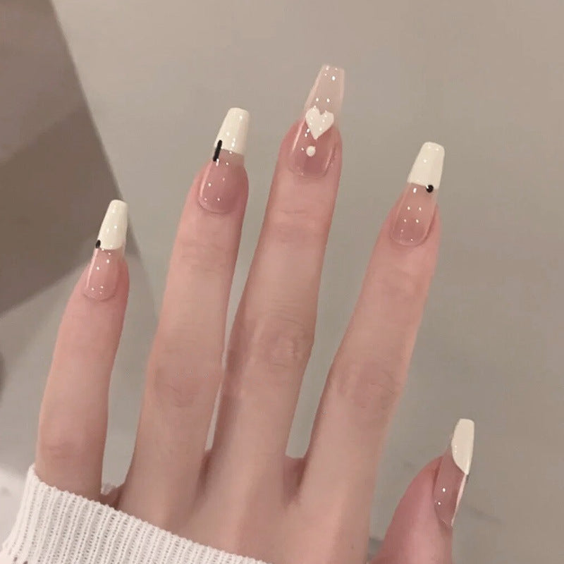 涂鸦爱心穿戴甲中梯形指甲贴片极简美甲片奶白假指甲美甲贴片成品