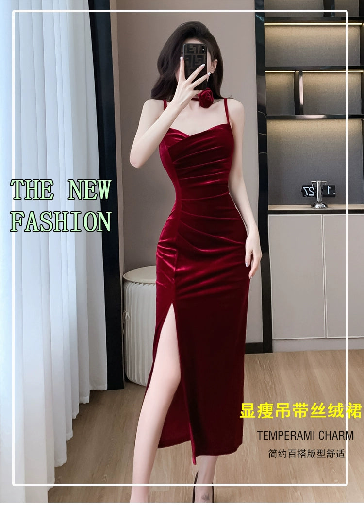 Fashion women's wear French Style Adult Lady like Woman Pleuche Spaghetti-Strap Dress Women's High-Grade Red Evening Dress 2024 Spring Women's Clothes Long Dress