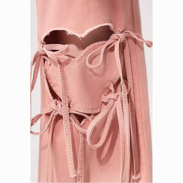 Dopamine pants Free shipping Tattoo Dopamine wears pink ripped jeans for women's summer thin new design loose and thin wide-leg pants