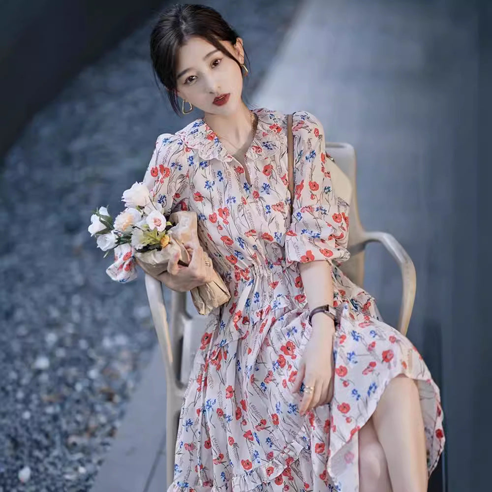 Dopamine dress Free shipping Tattoo French Temperament Short Sleeve Muse Fan Bubble Sleeve Floral Dress Early Autumn Dopamine Wear Waist Skinny Skirt