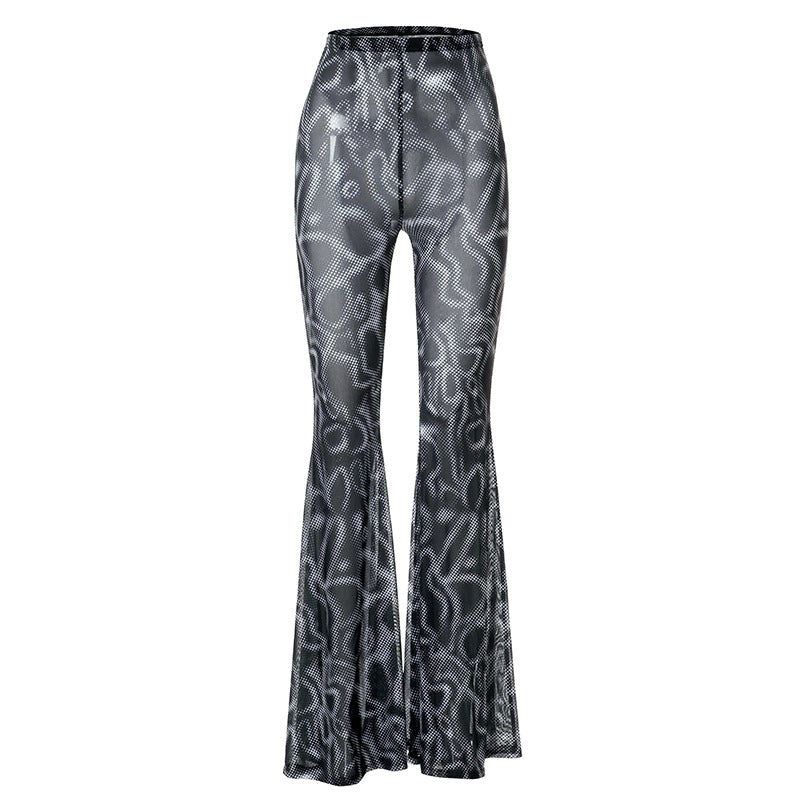 Fashion women's wear Q21pt540 Cross-Border Autumn New Printed High Waist Voile Micro Transparent Fashion Casual Women's Long Bell-Bottom Trousers