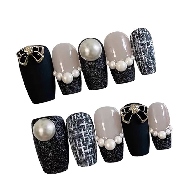 (Hand-Made Nail) Dark Style Crocker Heart Magic Mirror Mirror Nail Art Black Punk Love Heart Rhinestone Bow Hand Wear Nail Removal