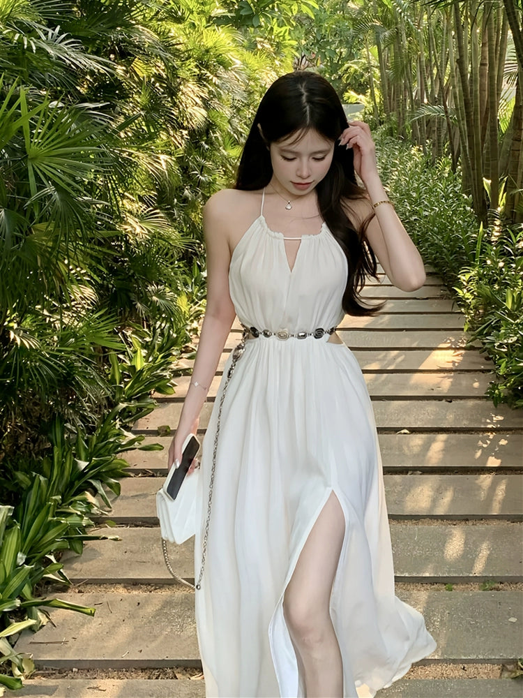Fashion women's wear French Style Temperament White Halter Sling Dress Women's Summer Super Fairy Midriff Outfit Seaside Vacation Sanya Beach Dress