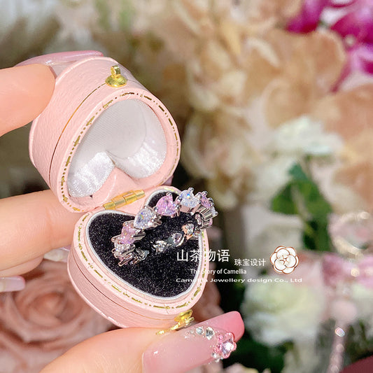 Camellia轻奢名缓公主粉戒指 仿真钻爱心ins小众设计至简满钻指环