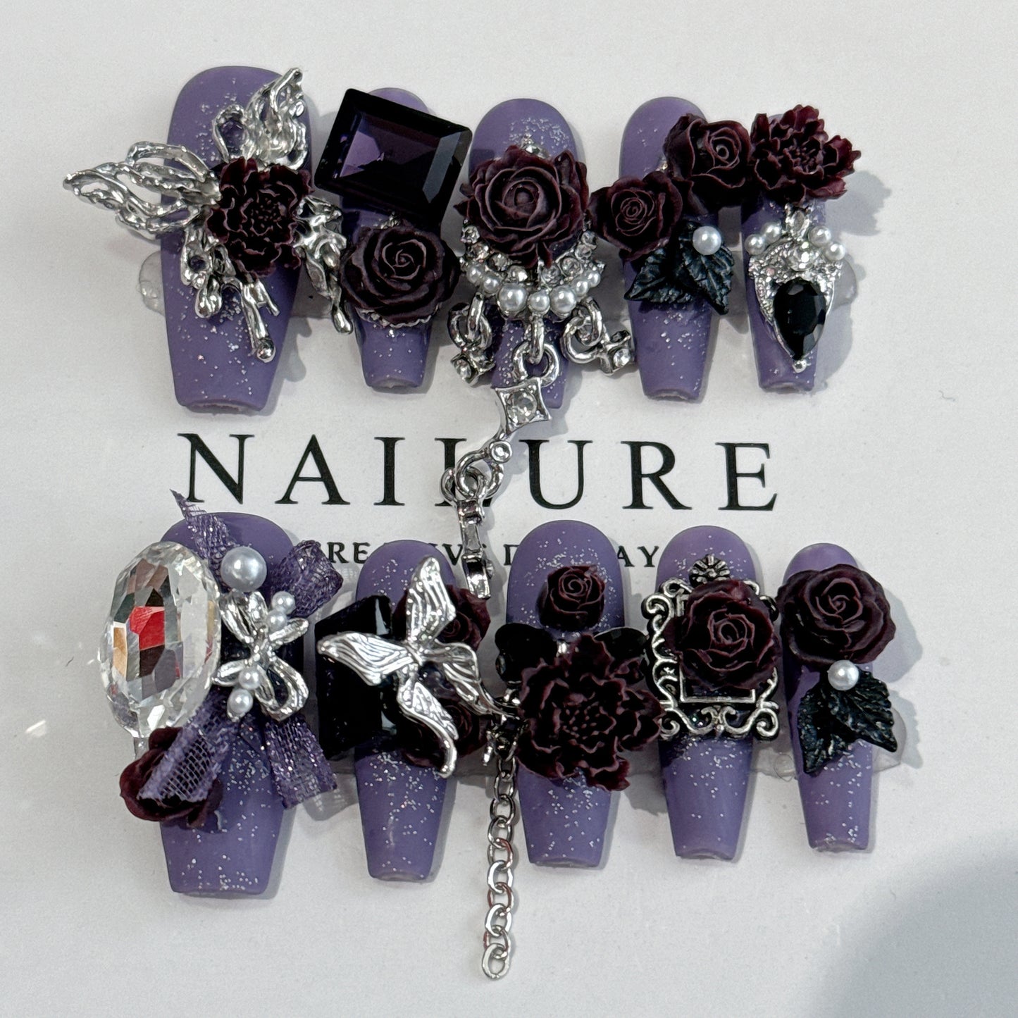 (Hand-Made Nail) Original Manicure Midnight Rose Moon Night Palace Light Luxury Heavy Industry Wear Nail Senior Nail Patch