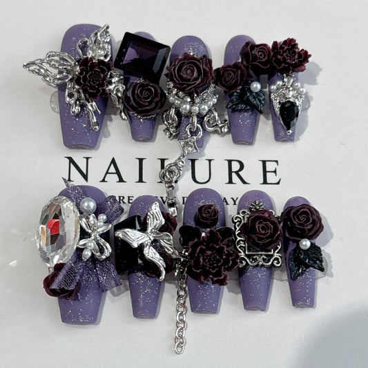 (Hand-Made Nail) Original Manicure Midnight Rose Moon Night Palace Light Luxury Heavy Industry Wear Nail Senior Nail Patch