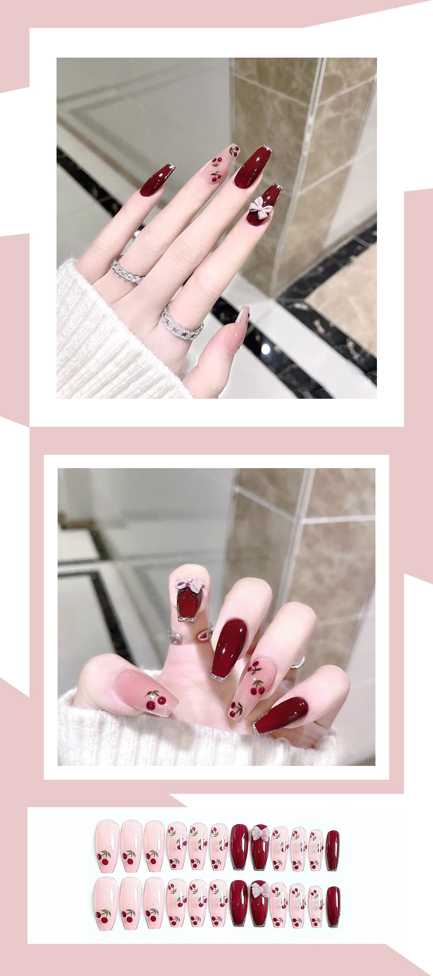Fashion  nail Wearing Nail Nail Stickers Nail Patch Fake Nails Detachable Cherry Bow Nail Sticker Y44