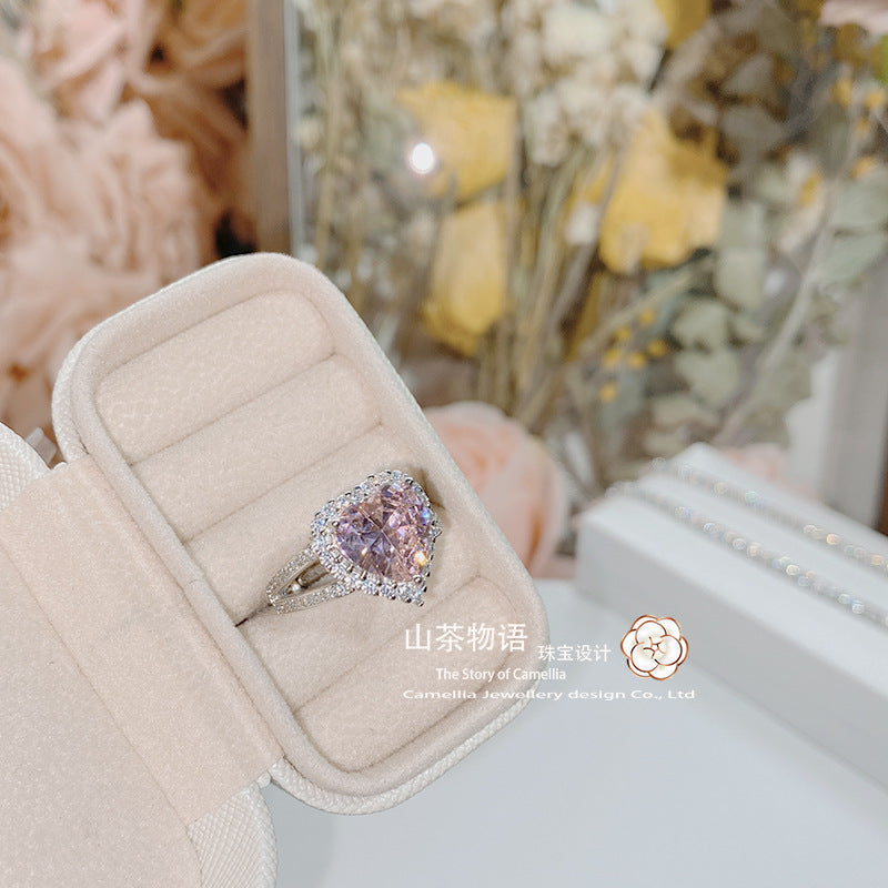 Camellia复古桃心粉色爱心钻戒女 镀金八心八箭锆石心形克拉饰品