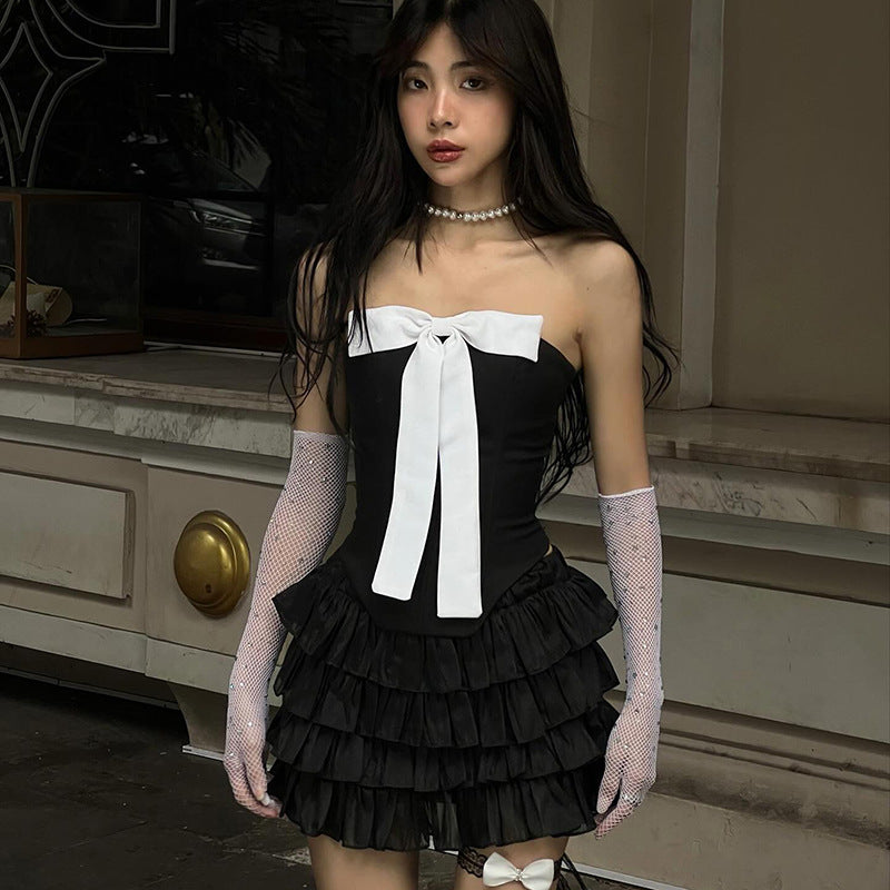 Fashion women's wear Q23tp722  Hot Girl Contrast Color Bow Three-Dimensional Decoration Fishbone Tube Top Women's All-Match Date New