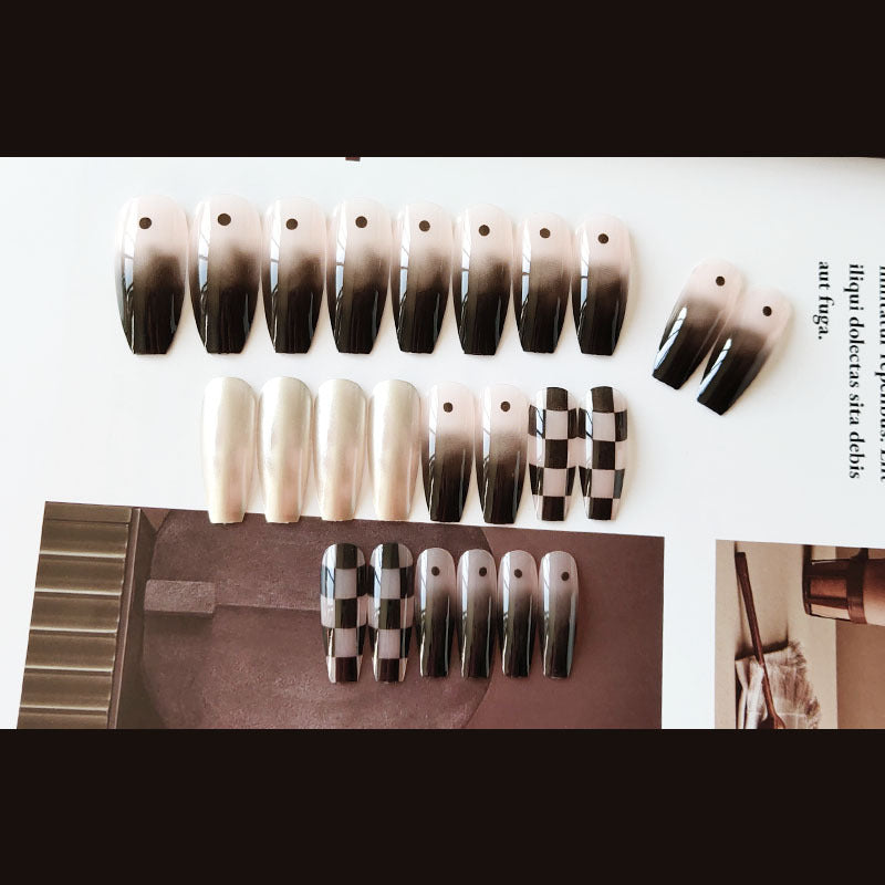 金属棋盘格渐变穿戴甲美甲贴片甲片指甲贴片假指甲片穿戴美甲成品