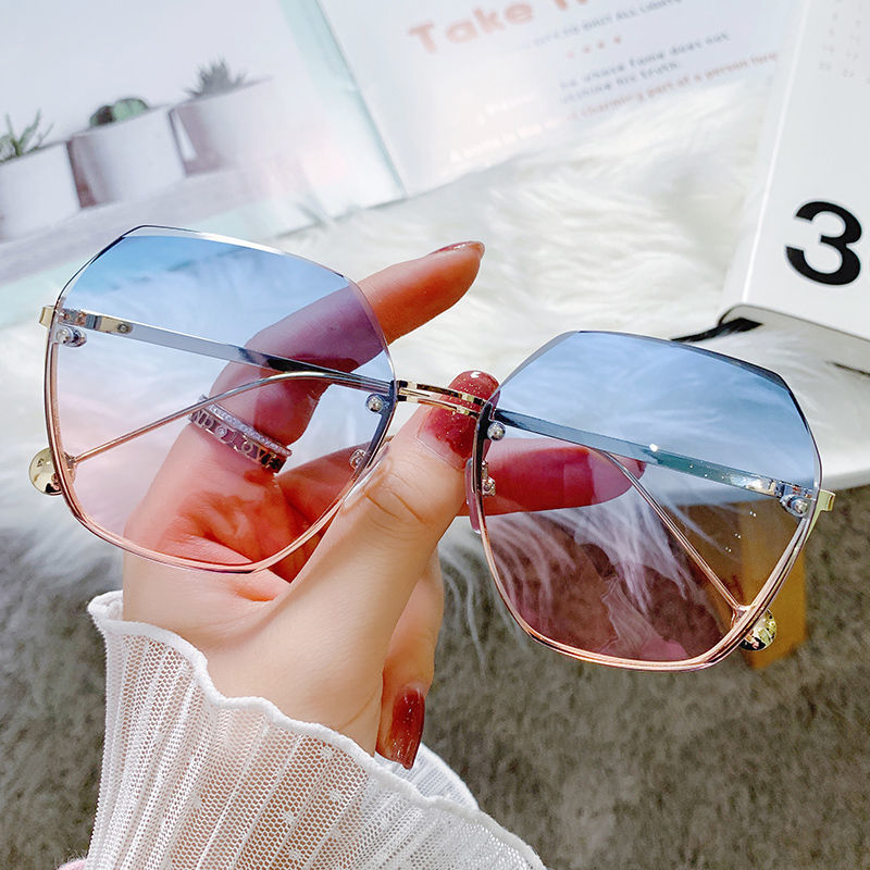 Women's fashion glasses 2024 新款跨境大框金属无框太阳镜欧美多边形切边海洋片女士墨镜