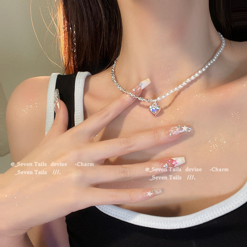 欧美冷淡风爱心珍珠碎银项链 小众ins气质锁骨链时尚简约个性项饰