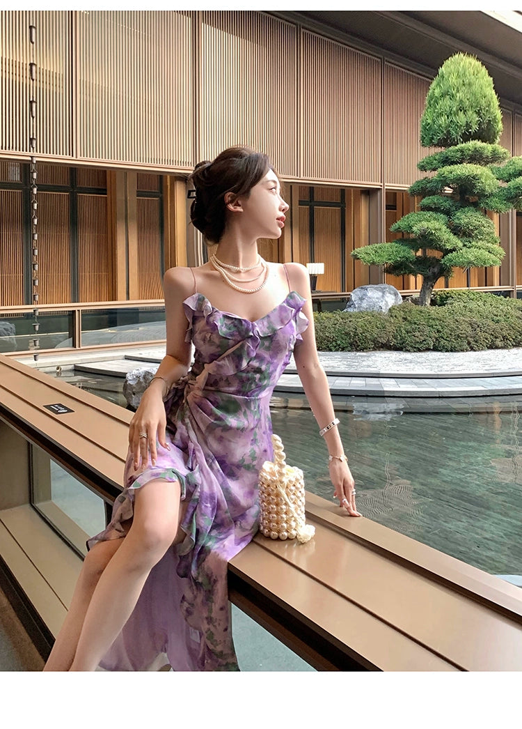 Fashion women's wear Purple Retro Irregular Yunnan Wear Travel Chiffon Floral Strap Dress Seaside Beach Skirt Summer