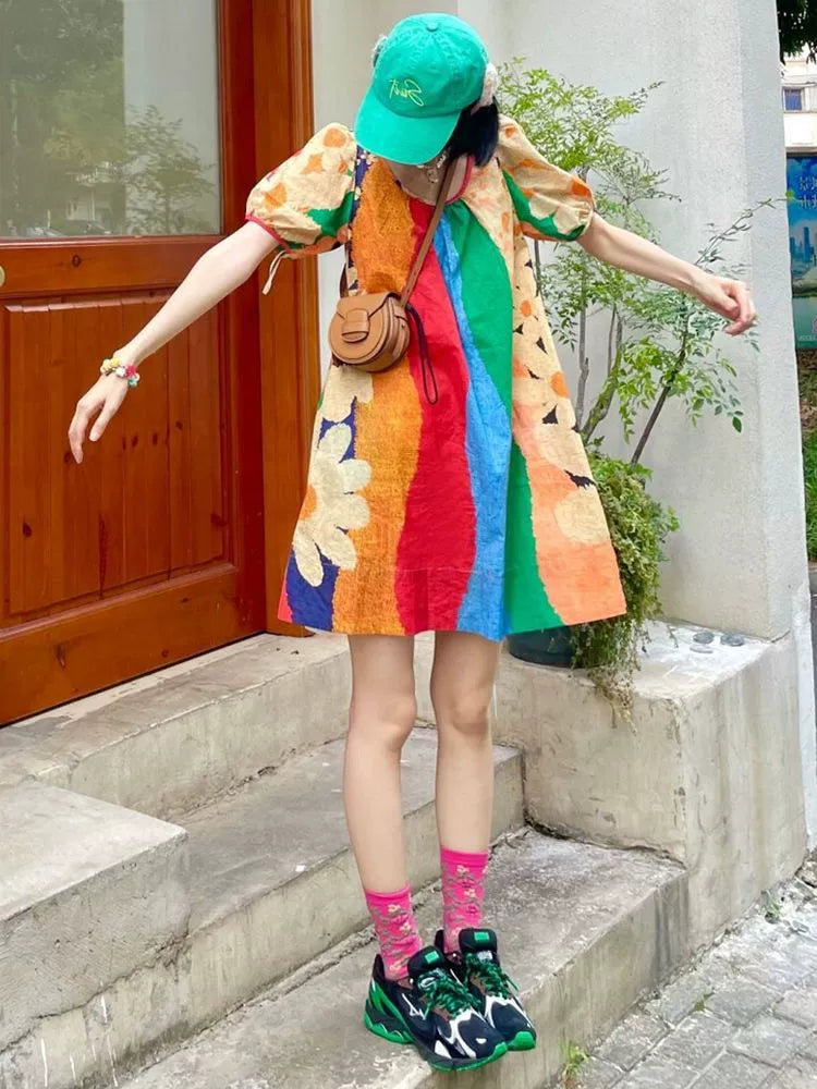 Dopamine dress Free shipping Tattoo Large Size Women's French Rainbow Stripe Dress Summer Fat MM Loose 150kg Skinny Dopamine Doll Dress